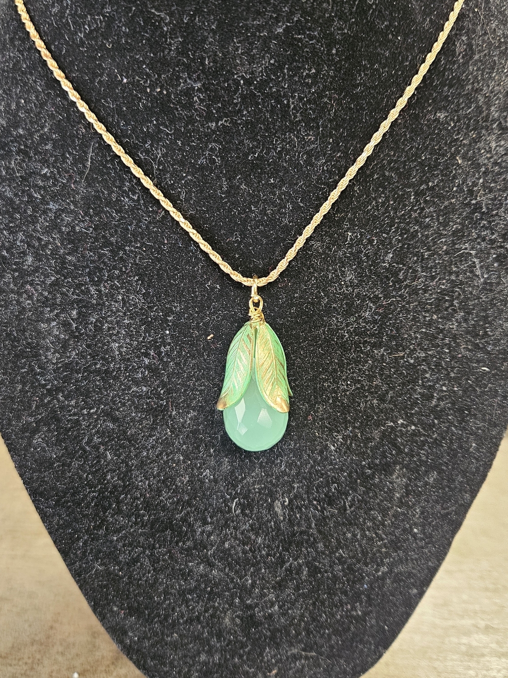 Gold Leaf Teardrop Necklace with Green Chalcedony Pendant